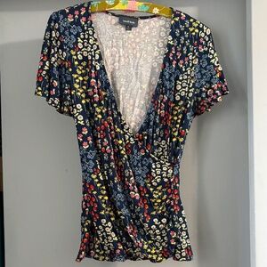 Modcloth Strawberry & Floral Blue Wrap Top